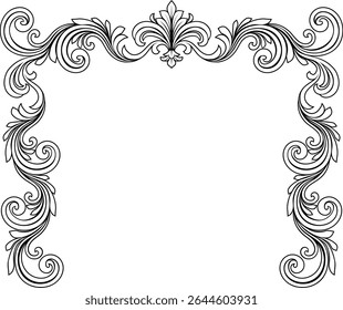 A filigree heraldic crest motif floral pattern border frame. Original design in a vintage style.