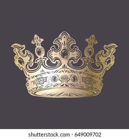 Filigree high detailed imperial crown. Element for design logo, emblem and tattoo. Vector illustration Royal gold symbol over dark background.
