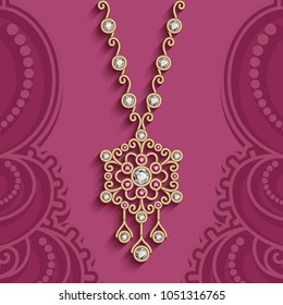 Filigree jewelry necklace decorated with diamonds and ruby gems, women's gold decoration on ornamental pink background, vector eps10