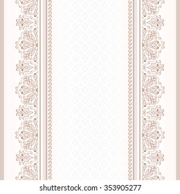 Filigree lace brown border on white.  Ornate element for design and place for text. Ornamental lace pattern for wedding invitations and greeting cards. Traditional floral decor.