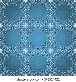 Filigree lace seamless white texture on aquamarine.  Element for design. Ornamental backdrop. Pattern fill. Ornate floral decor for wallpaper. Traditional decor on aquamarine background.