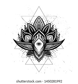 Filigree lotus flower, black vector, hand drawn