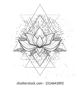 Filigree lotus flower, black vector, hand drawn on geometry sign