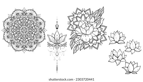 Filigree lotus flower, black vector, hand drawn on geometry sign. India yoga logo. Wall tattoo mantra. icons set. Blooming flowers.  blooming plants, various petals black and white, mandala