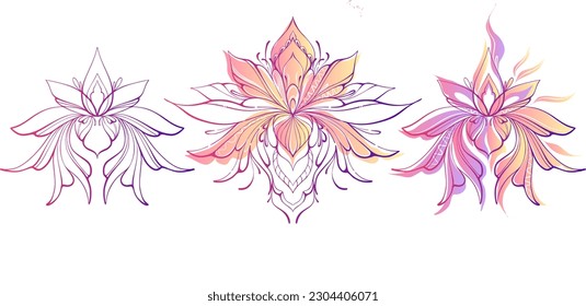 Filigree lotus flower, black vector, hand drawn on geometry sign. India yoga logo. Wall tattoo mantra. icons set. Blooming flowers.  blooming plants, various petals black and white, color mandala