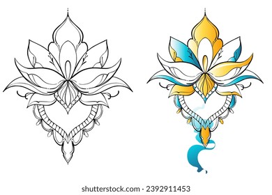 Filigree lotus flower, black vector, hand drawn on geometry sign. India yoga logo. Wall tattoo mantra. icons set. Blooming flowers.  blooming plants, various petals black and white, color mandala