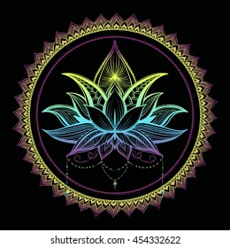 Filigree lotus flower, black vector handdrawn illustration