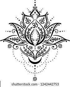 Filigree lotus flower with patterns and ornaments. Lotus flower with small moon, spirals and om symbol. Design for yoga, meditation and wellness. 