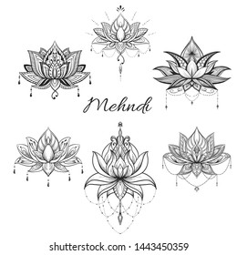 Filigree lotus flower set, vector hand drawn illustration