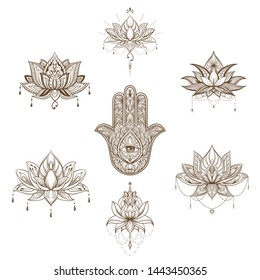 Filigree lotus flower set, vector hand drawn illustration