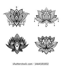 Filigree lotus flower set, vector handdrawn illustration