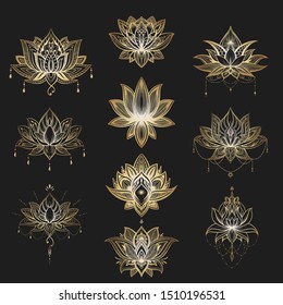 Filigree lotus flower set, vector handdrawn illustration