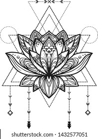 Filigree lotus flower, vector hand drawn illustration on sacred geometry sign