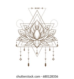 Filigree lotus flower, vector handdrawn illustration on sacred geometry sign