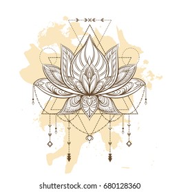 Filigree lotus flower, vector handdrawn illustration on sacred geometry sign