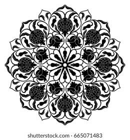 Filigree mandala with floral elements on white background. Oriental ethnic ornament with pomegranate. Black design element.