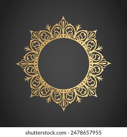 Filigree monogram frame. Elegant round frame template with lace floral elements in gold color.