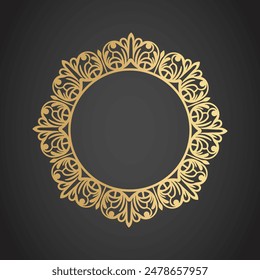 Filigree monogram frame. Elegant round frame template with lace floral elements in gold color.