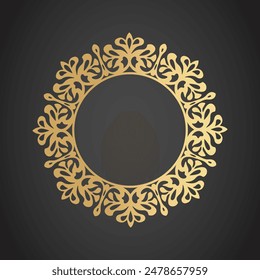 Filigree monogram frame. Elegant round frame template with lace floral elements in gold color.