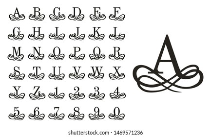 Filigree monogram letters. Vintage logo letter, decoration ornament numbers and ornamental curls alphabet. Renaissance abc font or ancient antique letters. Isolated vector illustration symbols set