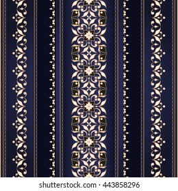 Filigree ornate border in Eastern style on dark blue. Vintage ornate card in Eastern style. Ornate element for design. Ornamental lace pattern. Traditional floral golden decor.