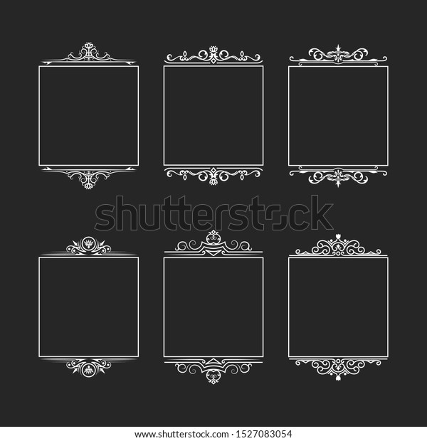 Filigree ornate vignette frames set for\
invitation card design. Hand drawn vintage elegant wedding borders.\
Vector isolated antique\
ornament.