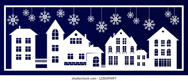 Filigree paper cut silhouette of the street. Christmas street with paper snowflakes in the sky. Paper work illustration