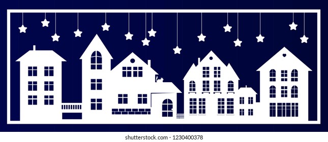 Filigree paper cut silhouette of the street on a wooden background. Christmas street with paper stars in the sky. Openwork vector template