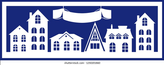 Filigree paper cut silhouette of the street on a blue background. Christmas street with paper stars in the sky. Openwork vector template