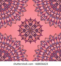 Filigree pink and purple pattern of mandalas. Geometric oriental ornament. Template for textile.