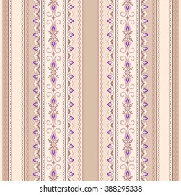 Filigree pink violet seamless border. Colored element for design in Eastern style. Vintage pattern for invitations, birthday, greeting cards, wallpaper. Traditional floral decor. Pattern fill.