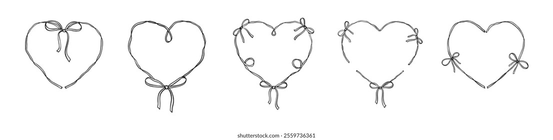 Filigree ribbon irregular heart frame with tiny bow in retro victorian style. Girly coquette hand drawn sketch vector illustration. Cute vintage Valentines day romantic baroque design