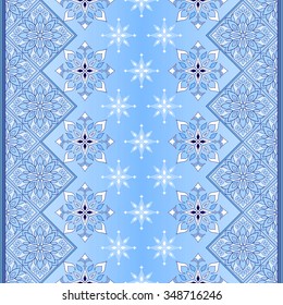 Filigree seamless blue border. Ornate element for design and place for text. Ornamental lace pattern for invitations and greeting cards. Traditional white decor on blue background.