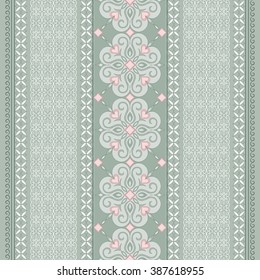 Filigree seamless border on green background. Colored element for design in Eastern style. Vintage pattern for invitations, birthday, greeting cards, wallpaper. Traditional floral decor. Pattern fill.