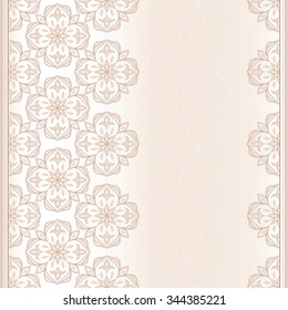Filigree seamless border on light beige.  Ornate element for design and place for text. Ornamental lace pattern for wedding invitations and greeting cards. Traditional floral decor.