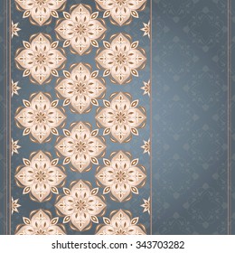 Filigree seamless golden border on gray. Ornate element for design and place for text. Ornamental lace pattern for wedding invitations and greeting cards. Traditional golden decor on gray background.