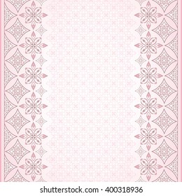 Filigree seamless pink border on light pink. Element for design and place for your text. Ornamental backdrop. Ornate floral decor for wallpaper. Traditional decor on light pink background.