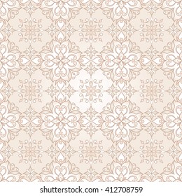 Filigree seamless  texture on beige background.  Element for design. Ornamental backdrop. Pattern fill. Ornate floral decor for wallpaper. Traditional decor on  beige background.