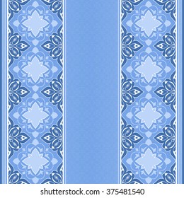 Filigree seamless white border on blue background. Colored element for design in Eastern style. Vintage pattern for invitations, greeting cards, wallpaper. Traditional floral decor. Pattern fill.