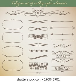 Filigree set of calligraphic elements for vintage design. Vector illustration