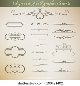 Filigree set of calligraphic elements for vintage design. Vector illustration
