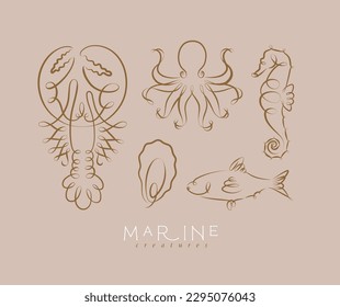 Filigree swirl sea and ocean creatures lobster, octopus, seahorse, oyster, fish drawing on brown background