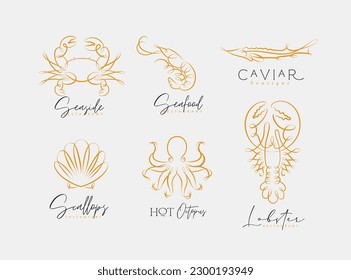 Filigree swirl sea and ocean creatures crab, shrimp, sturgeon, shell, octopus, lobster labels with lettering drawing on light background