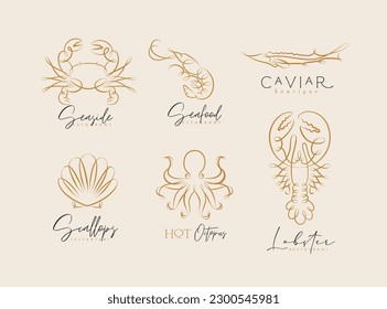 Filigree swirl sea and ocean creatures crab, shrimp, sturgeon, shell, octopus, lobster labels with lettering drawing on beige background