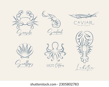 Filigree swirl sea and ocean creatures crab, shrimp, sturgeon, shell, octopus, lobster labels with lettering drawing on grey background