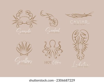 Filigree swirl sea and ocean creatures crab, shrimp, sturgeon, shell, octopus, lobster labels with lettering drawing on brown background