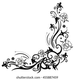 Filigree tendril with black and white roses with leaves
