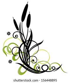 Filigree tendril with reed and flowers.