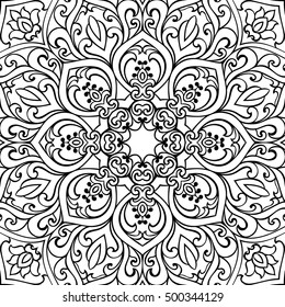 Filigree vector background. The pattern with contour mandalas. Oriental black and white ornament. Template for textile, shawl, carpet.