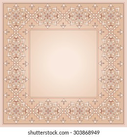 Filigree vector floral beige frame. Ornate design element and space for text. Decorative pattern for invitations and greeting cards. Traditional decor.